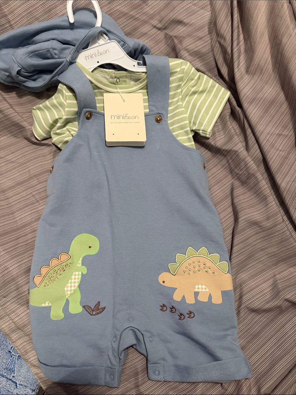 Mini Bean Blue Dino Overalls with Green Stripe Tee